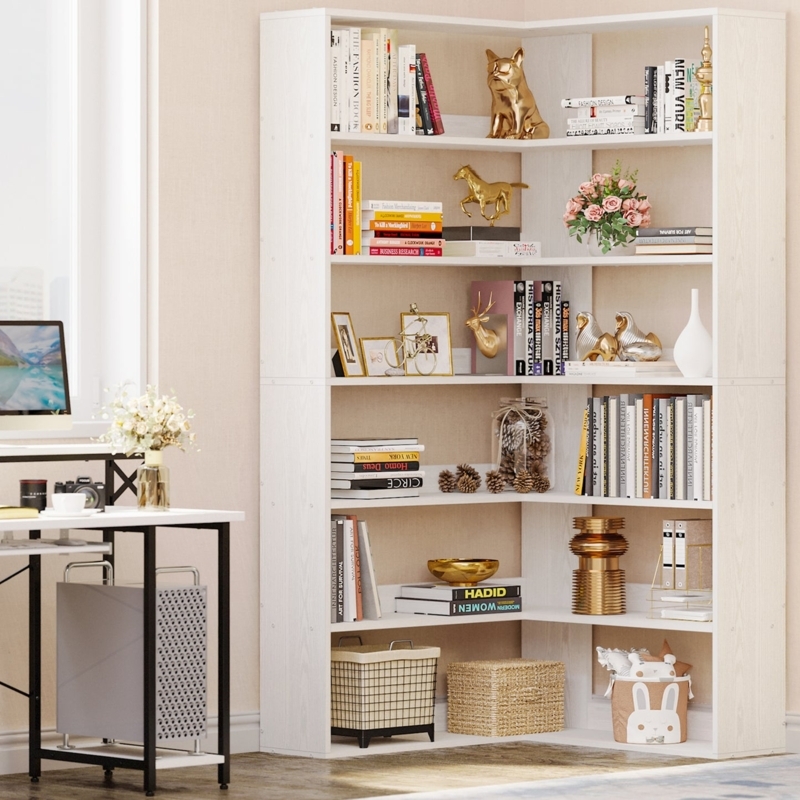 Corner Bookcase Whitewashed Grain Six-Tier L-Shaped Modern