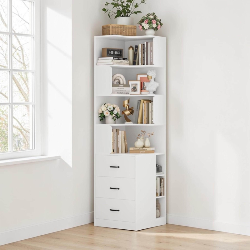 Corner Bookcase with Base Drawers, Asymmetrical Shelving