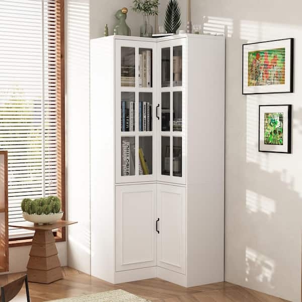Corner Bookcase with Glass Paned Doors, L-Shaped Cabinet
