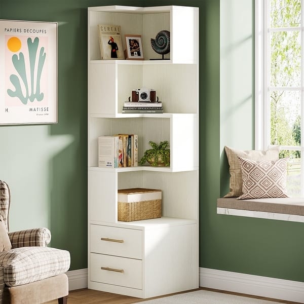 Corner Bookcase with Integrated Storage Drawers, Tiered L-Shaped Shelf