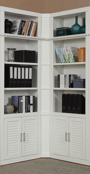 Corner Bookcase with Louvered Doors, Modular White Wall Storage