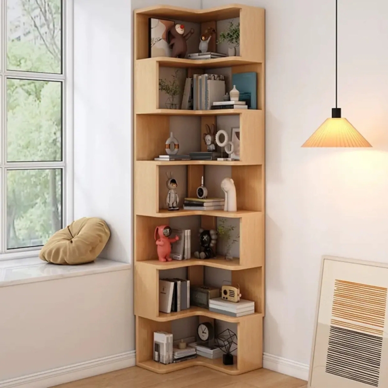 Corner Bookcase Zig-Zag Staggered Light Wood Minimalist