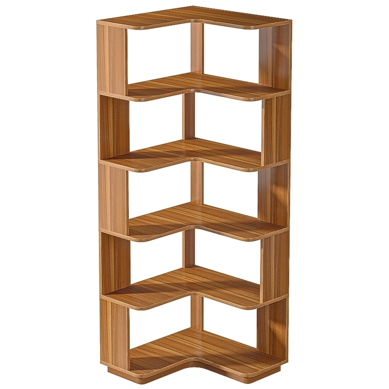 Corner Bookshelf 6-Tier L-Shaped Walnut Wood Grain Anti-Drop
