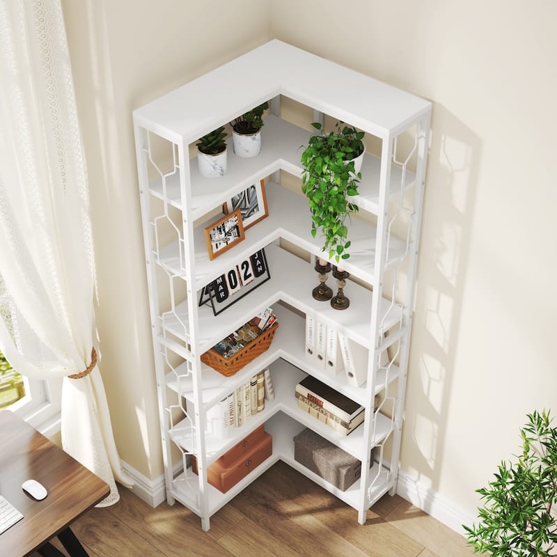 Corner Bookshelf, 7-Tier L-Shaped Metal Storage Unit