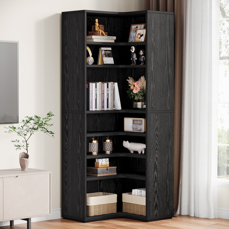 Corner Bookshelf 9-Tier Tall Black Wood Grain L-Shaped