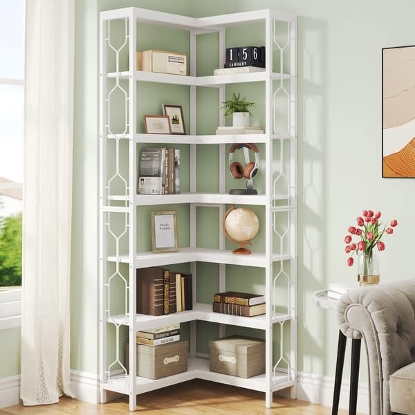 Corner Bookshelf Geometric Lattice Sides Seven-Tier White Metal