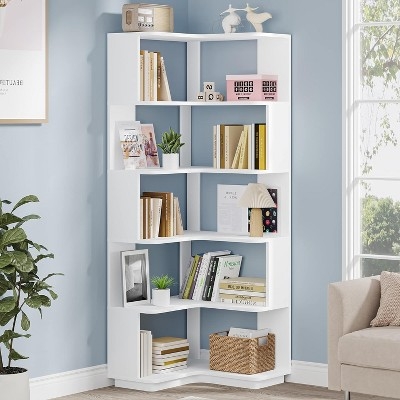 Corner Bookshelf, L-Shaped 6-Tier Staggered White Storage Unit