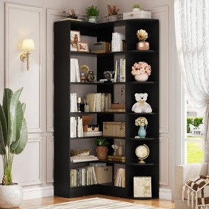 Corner Bookshelf L-Shaped Black with Curved End Shelves