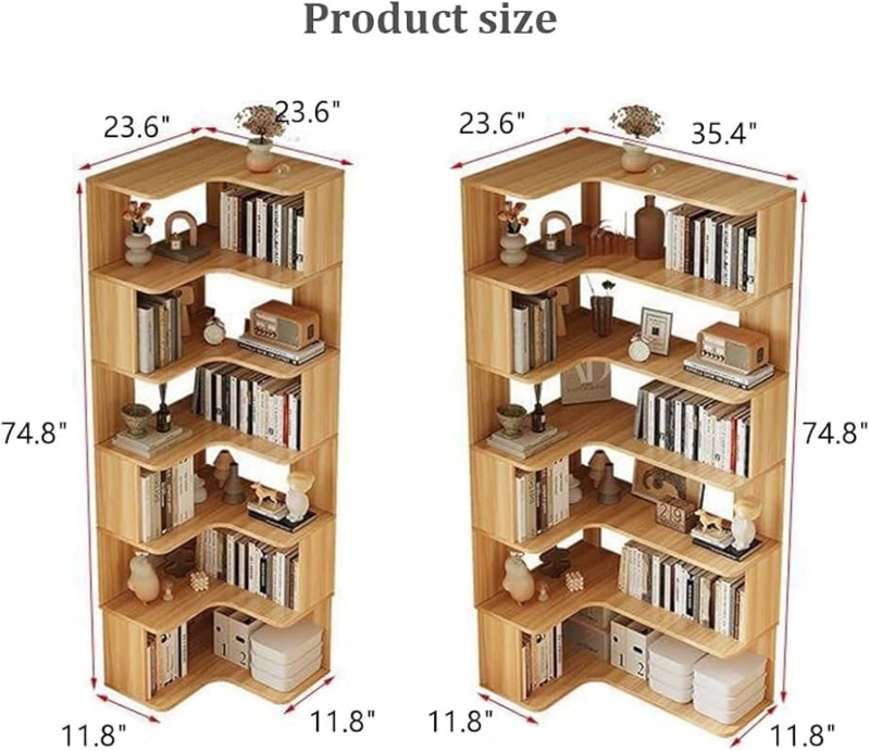 Corner Bookshelf L-Shaped Staggered Tiers Light Wood