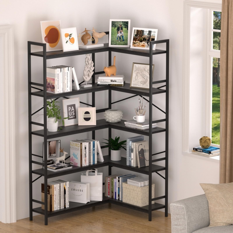 Corner Bookshelf Modern Industrial Black Metal L-Shaped