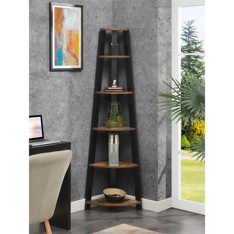 Corner Bookshelf Nutmeg Wood Finish with Black Frame