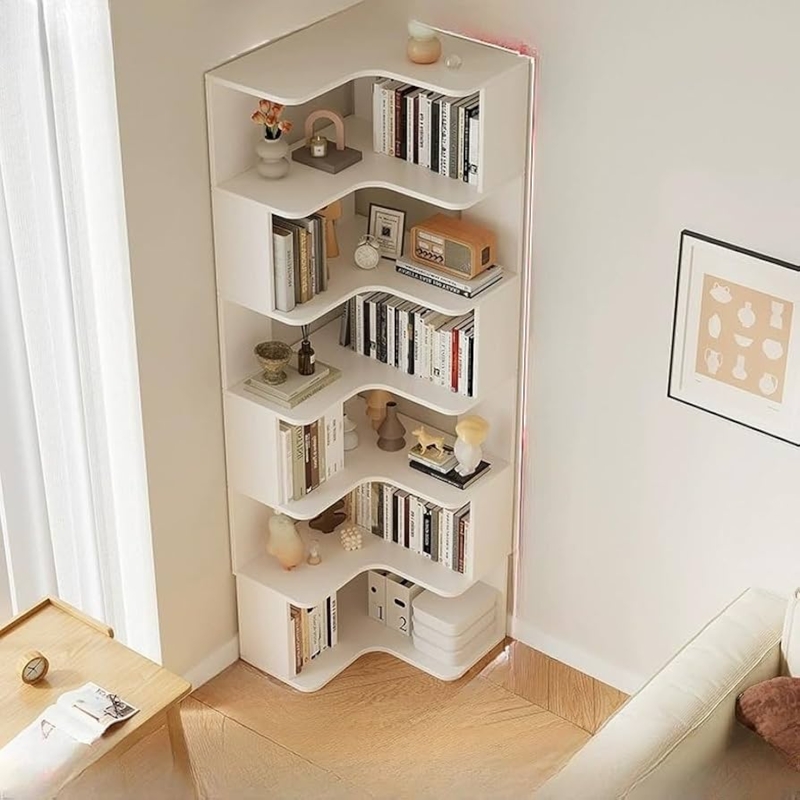 Corner Bookshelf Open Back Design Matte White L-Shaped Profile