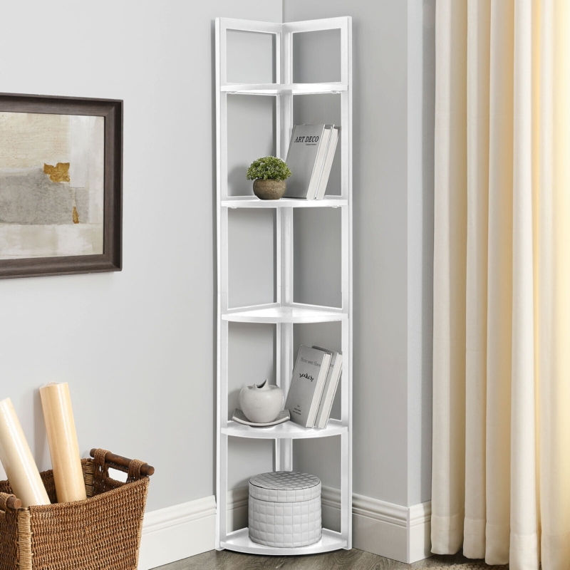 Corner Bookshelf, Open Frame 5-Tier Minimalist White Storage