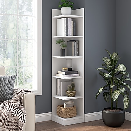 Corner Bookshelf, Tall Profile 6-Shelf Open White Bookcase
