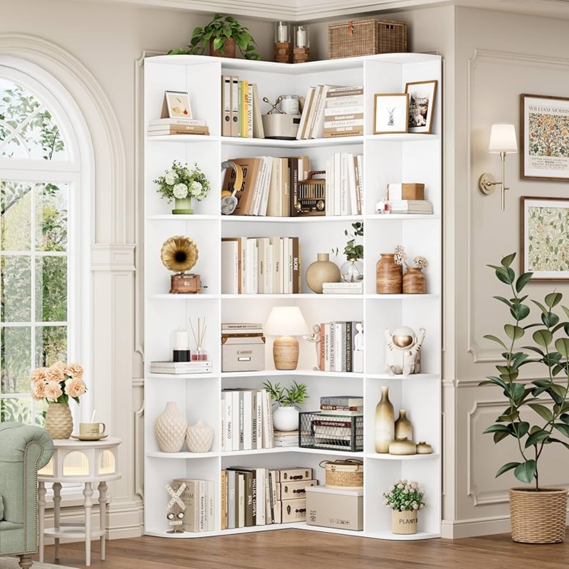 Corner Bookshelf Tall White L-Shaped Six-Tier Open Shelving