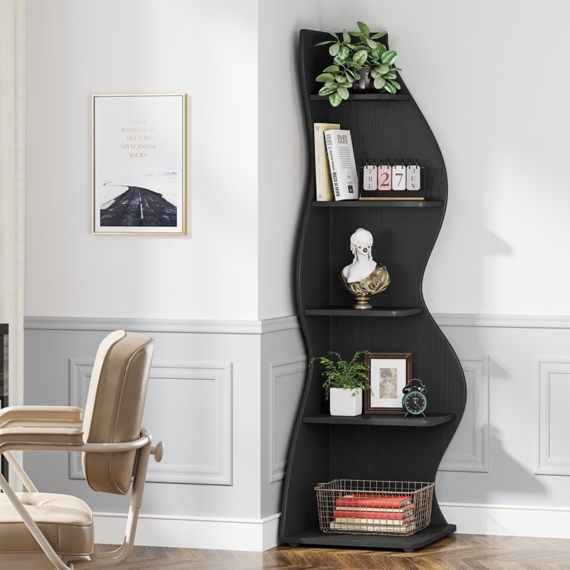 Corner Bookshelf Unique Wavy Silhouette 5-Tier Design