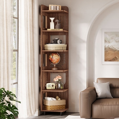 Corner Bookshelf Warm Brown Wood Toned Slat Back Curved Front