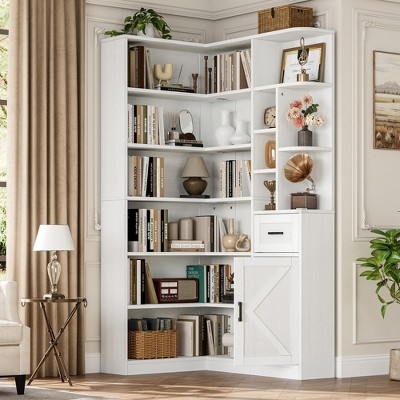 Corner Bookshelf with Cross-Brace Cabinet, L-Shaped White Unit