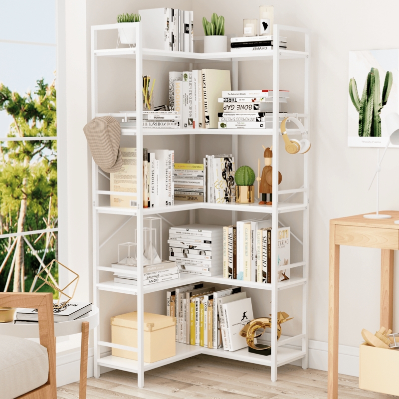 Corner Bookshelf with Integrated Hooks, 5-Tier Metal Frame