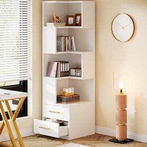 Corner Bookshelf Zigzag Silhouette with Integrated Drawers White
