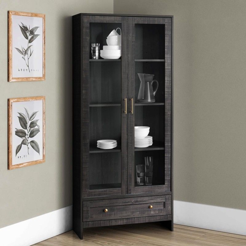 Corner Cabinet Aged Black Finish with Glass Doors and Brass Pulls