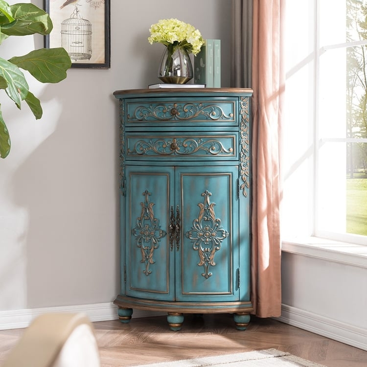 Corner Cabinet Distressed Teal Blue Ornate Gold Relief & Bun Feet