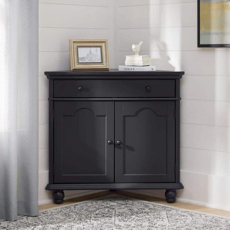 Corner Cabinet in Charcoal Black with Arched Panels and Bun Feet