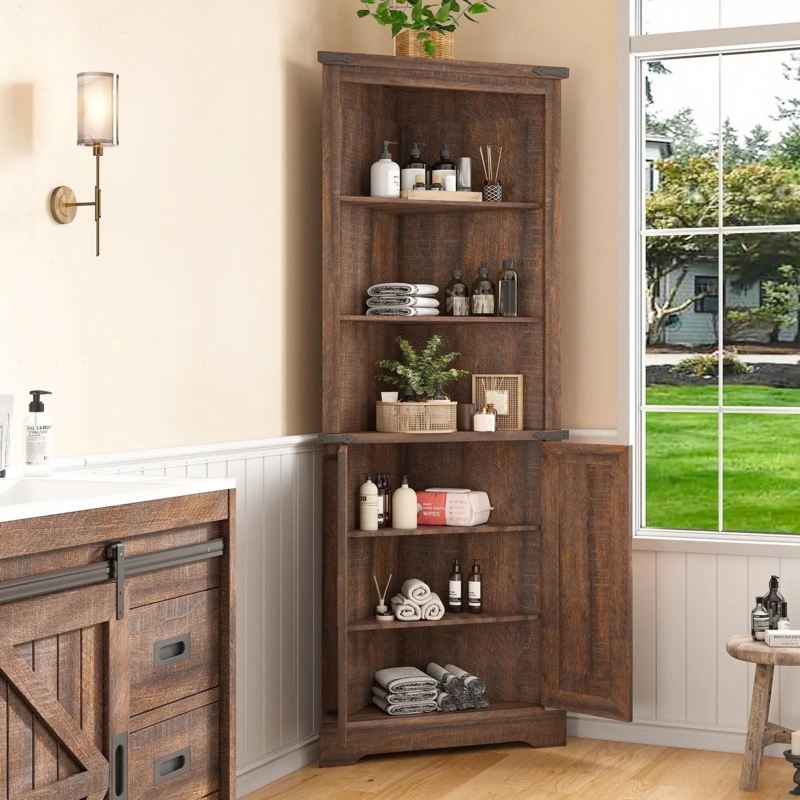Corner Cabinet Rustic Metal Details & Mixed Shelving