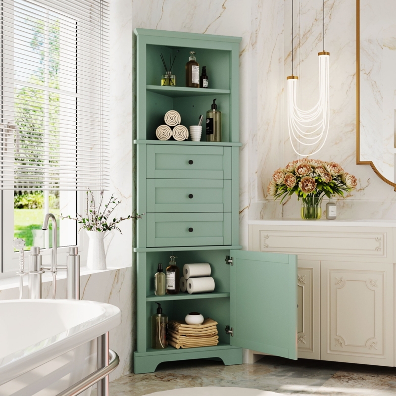 Corner Cabinet Sage Green Triangular Footprint & Vertical Storage Mix