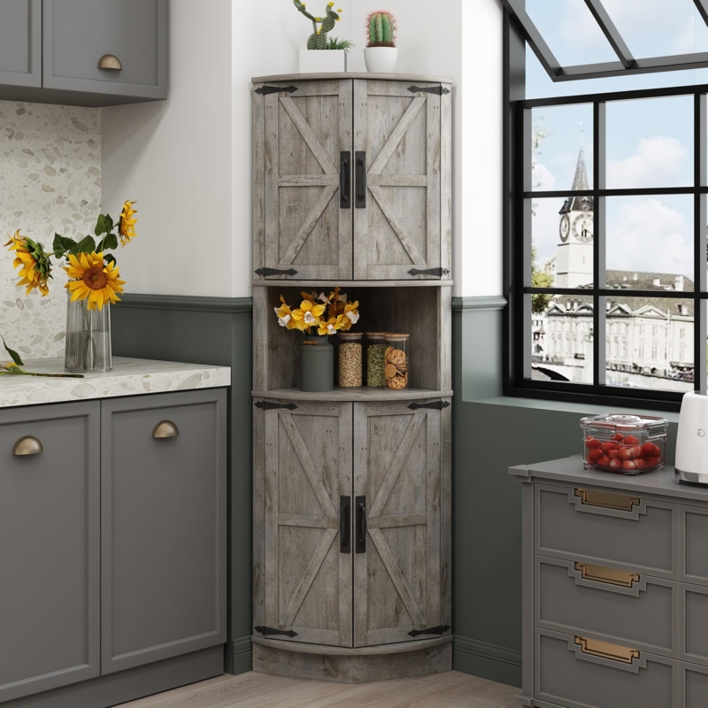 Corner Cabinet Weathered Grey Barn Door Design & X-Brace Detail