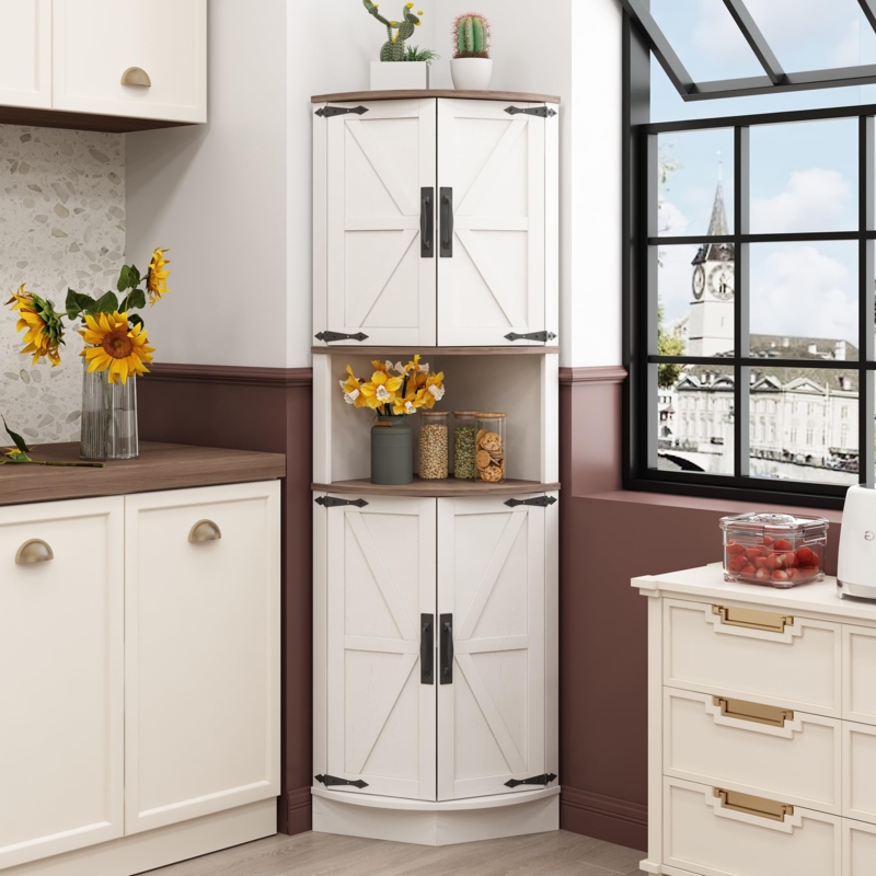 Corner Cabinet White Barn Door Style with Black Handles & Open Shelf