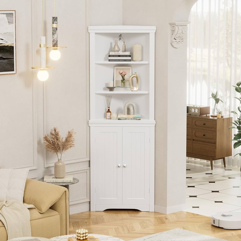 Corner Cabinet White Beadboard Doors with Open Shelves & Crown Molding