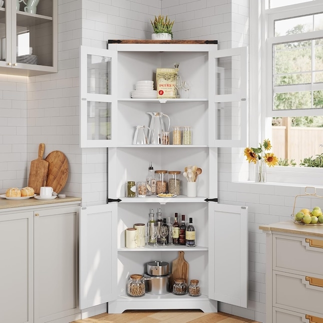 Corner Cabinet White Glass Doors & Wood-Toned Top Surface