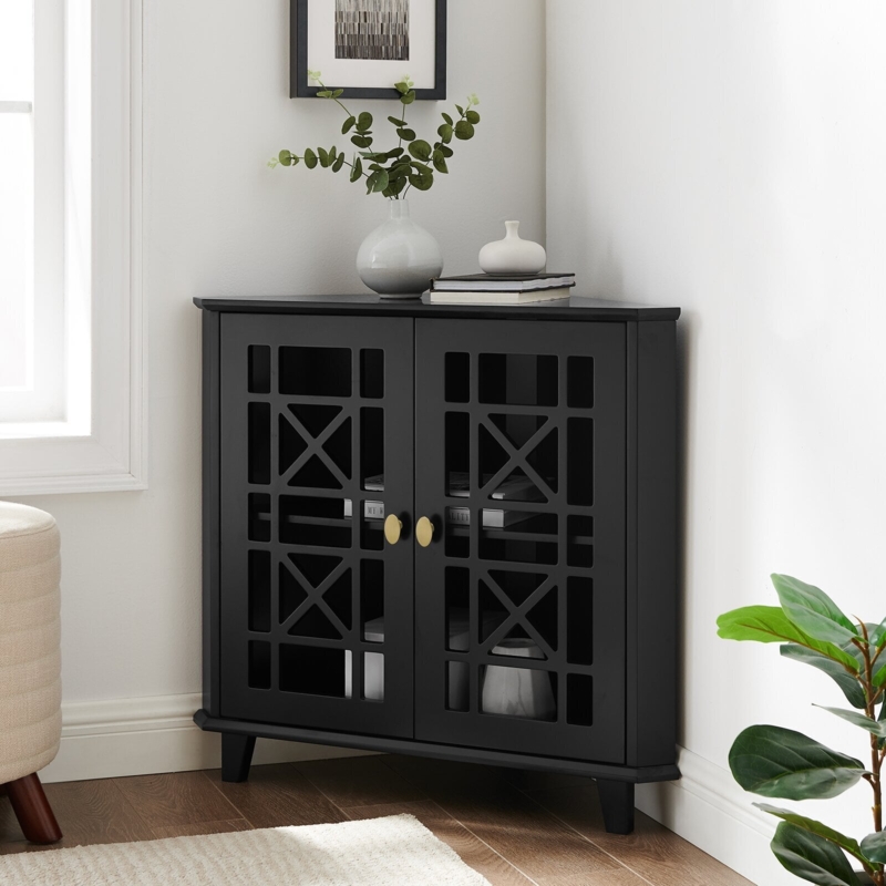 Corner Cabinet with Geometric Lattice Doors and Gold Knobs