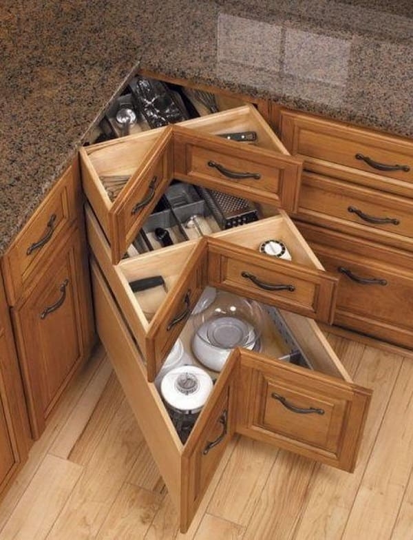 Corner Cabinet Wood L-Shaped Drawers & Traditional Raised Panels
