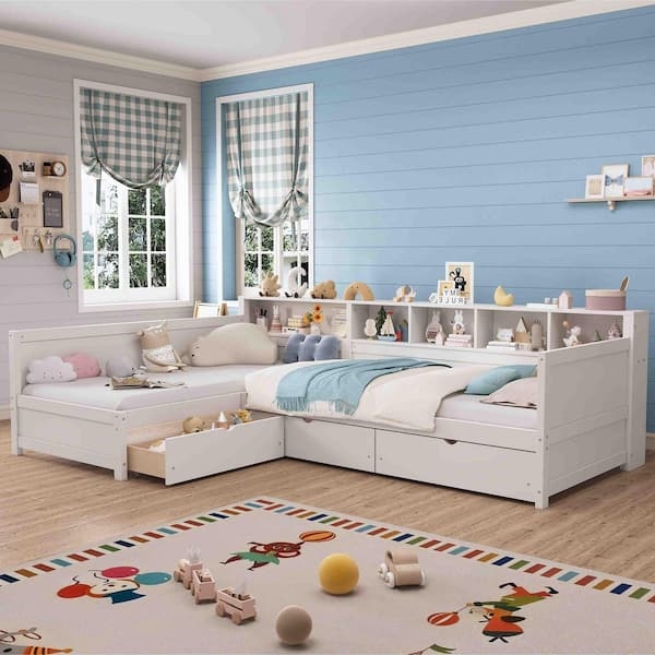 Corner Daybed Storage, L-Shaped with Bookshelf Headboard