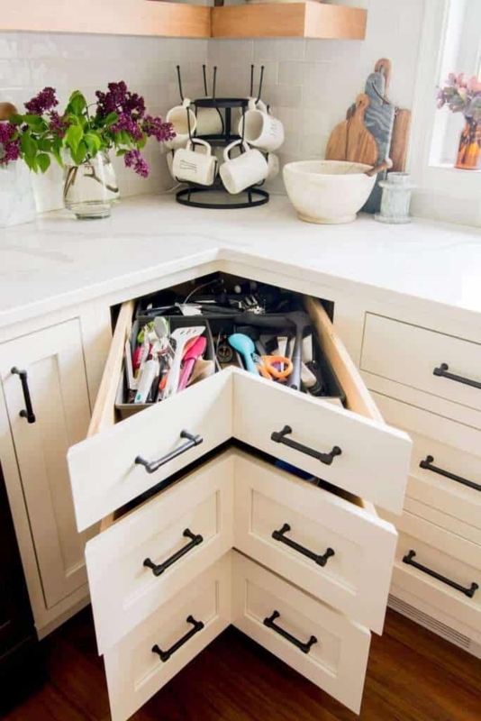 Corner Drawer Unit White L-Shaped Drawers & Black Hardware