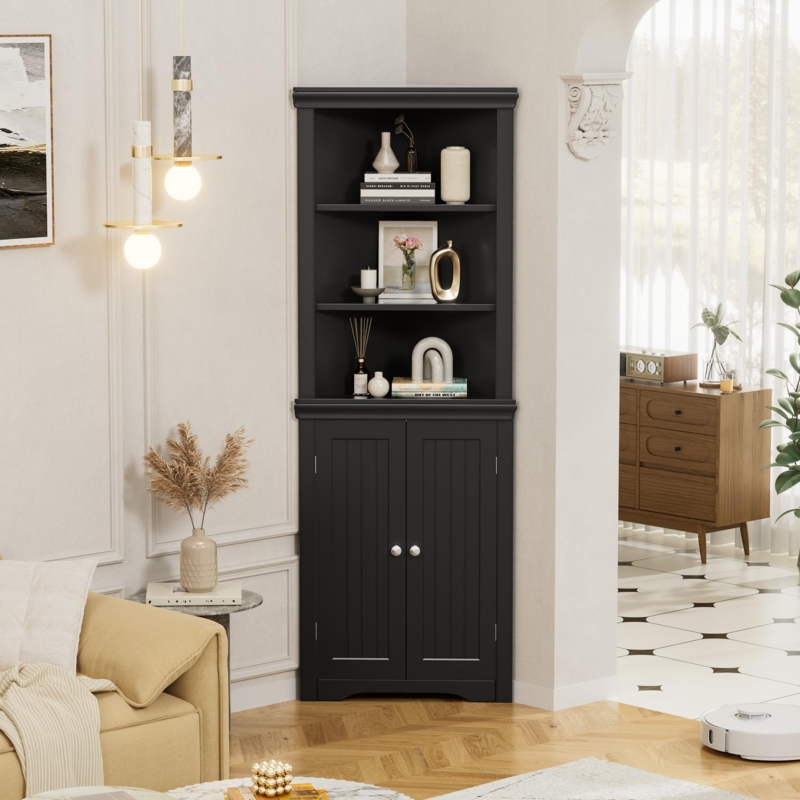 Corner Hutch with Open Shelving and Beadboard Details