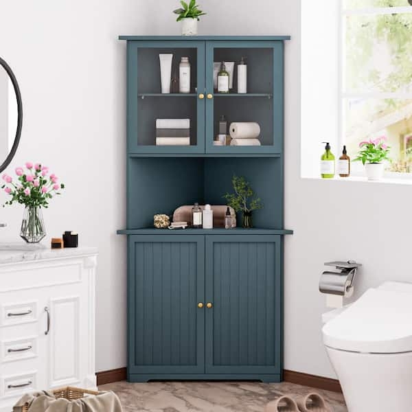 Corner Linen Cabinet Teal Blue Glass Doors & Adjustable Shelves
