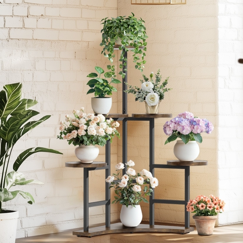 Corner Plant Stand Industrial Metal Frame Wood Shelves