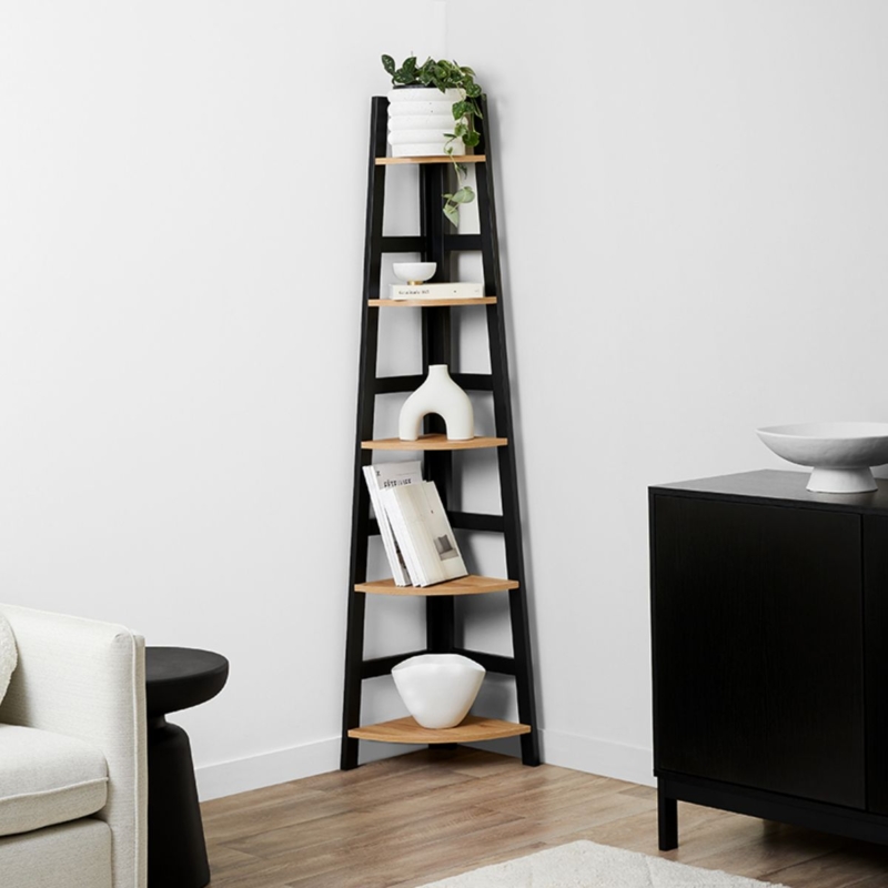 Corner Shelf Ladder Style Two-Tone Black and Natural