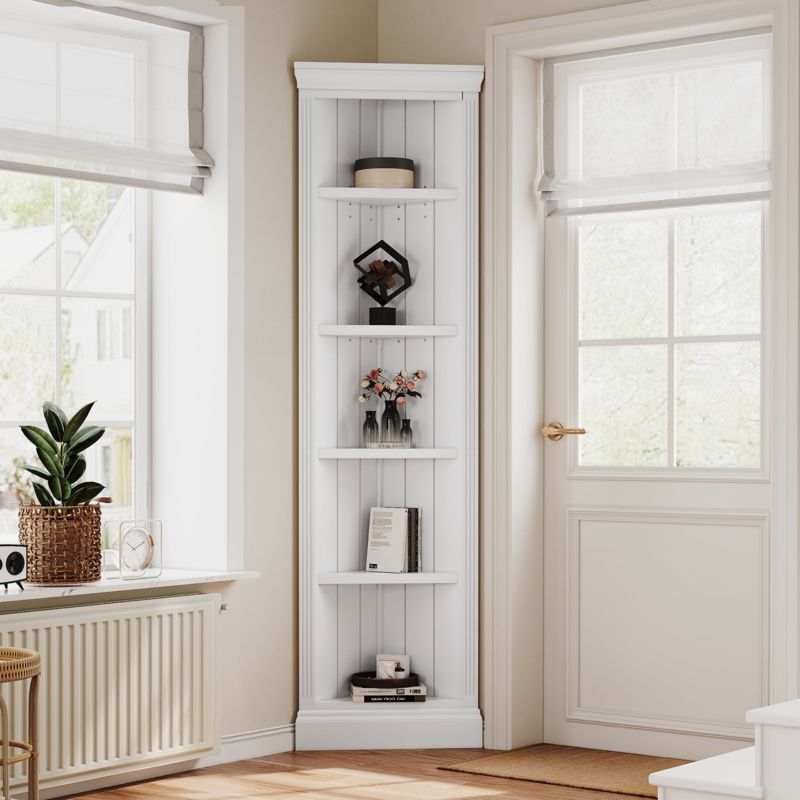 Corner Shelf Rounded Front 83 Inch Height Five Tier White Open Back Modern