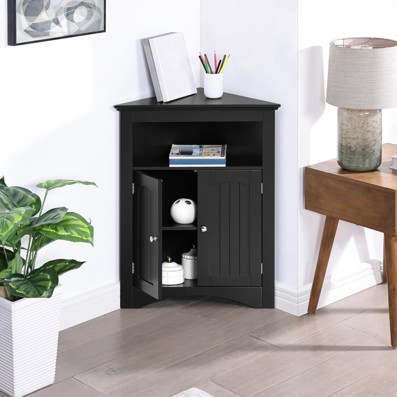 Corner Storage Cabinet with Open Top Shelf and Beadboard Doors