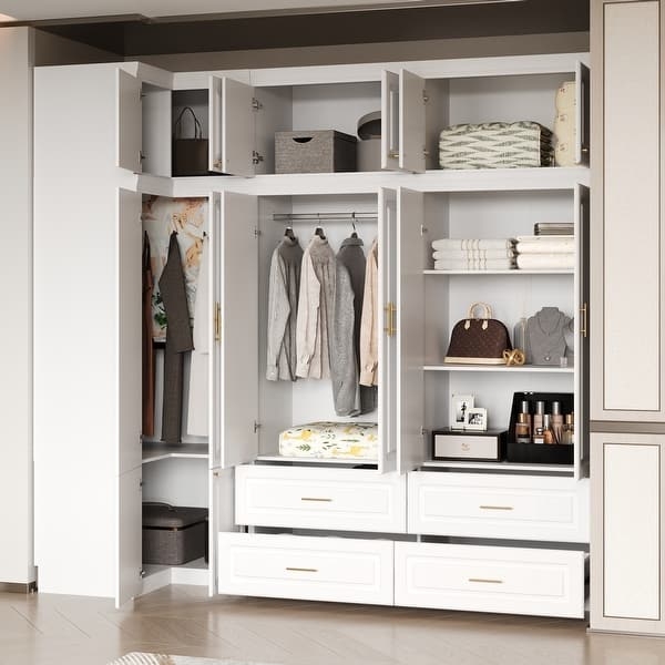 Corner Wardrobe System with Gold Pulls, Multi-Compartment.