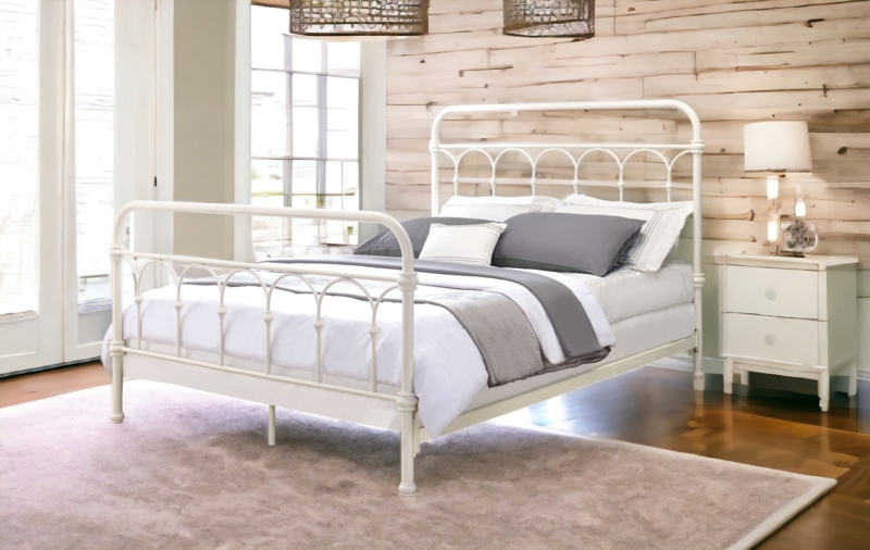 Cottage Style White Metal Bed Arched Spindle Headboard Minimalist