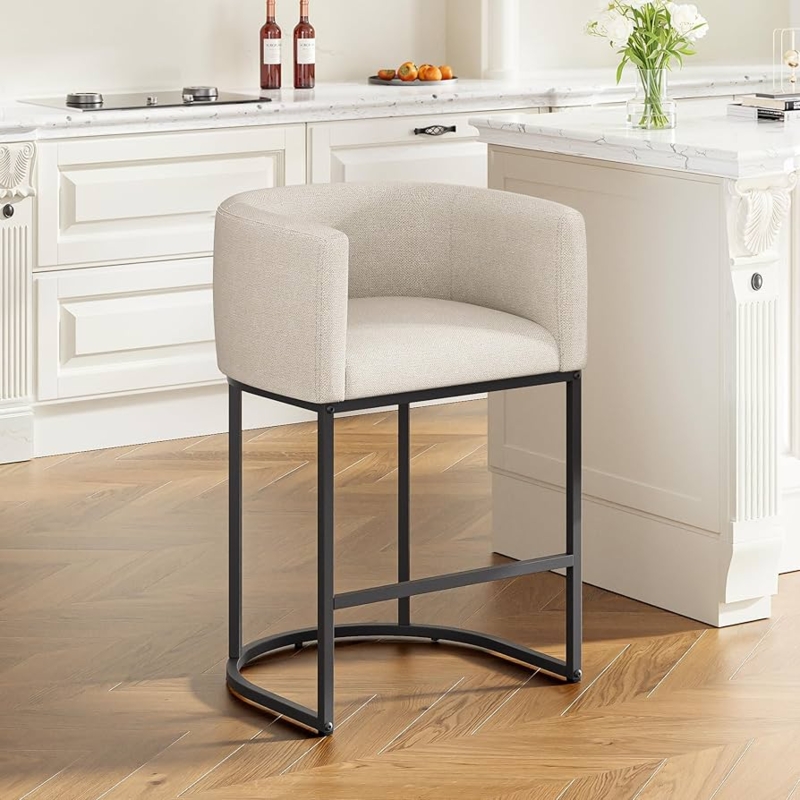 Counter Stool featuring a Barrel Back and Black C-Shaped Base, Beige