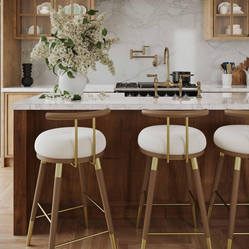 Counter Stool Floating Curved Backrest White Velvet Wood Frame