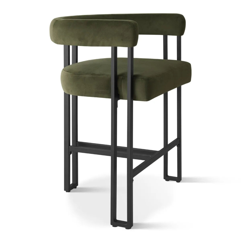 Counter Stool Olive Green Velvet Matte Black Frame Wraparound Back