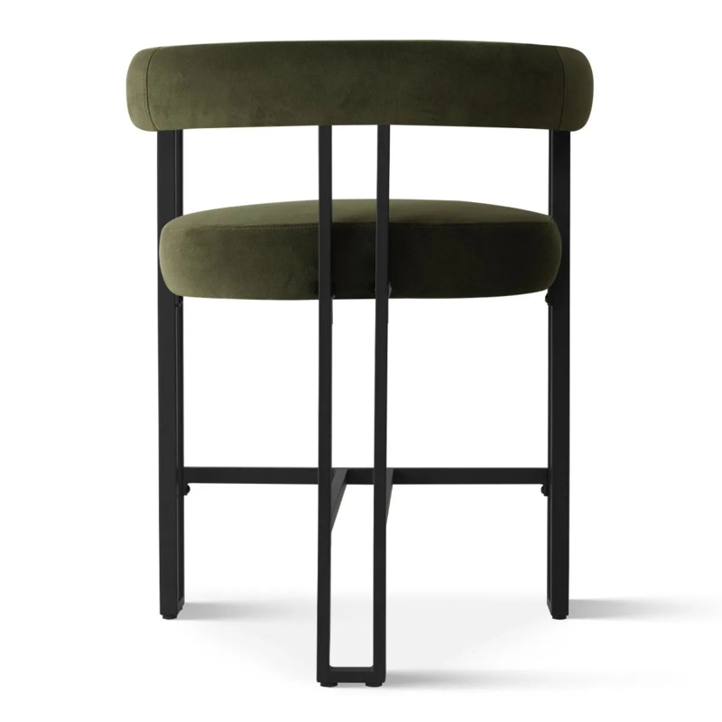 Counter Stool Sculptural Black Frame Olive Green Velvet Curved Back
