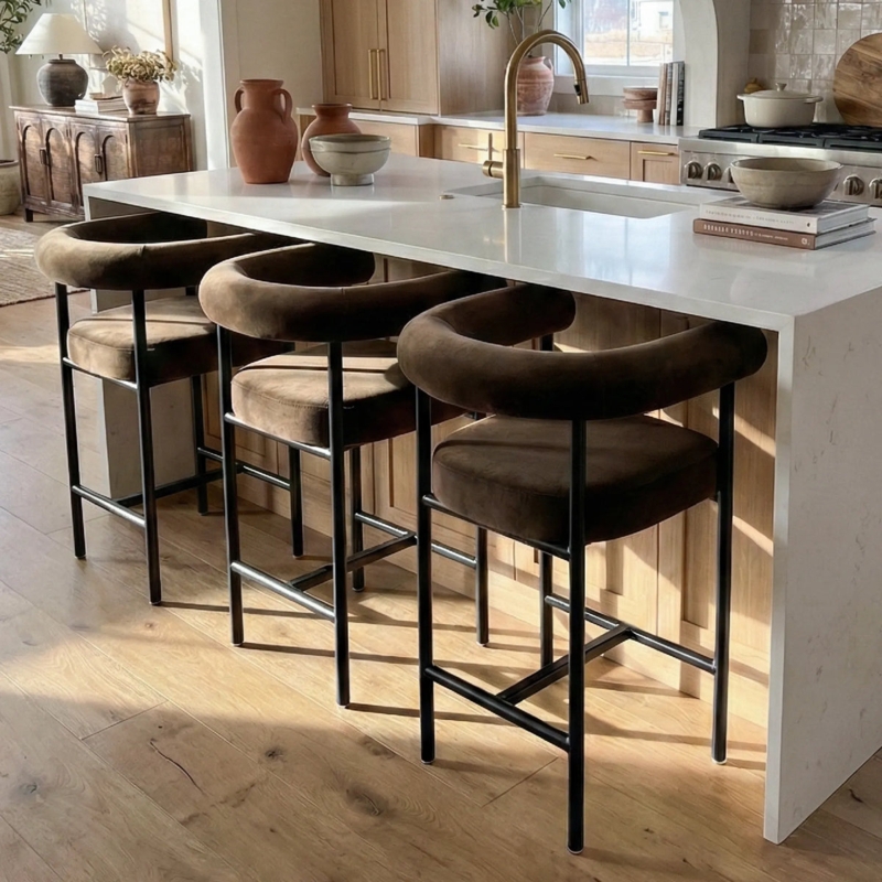 Counter Stool Tubular Curved Back Mink Brown Velvet Black Frame